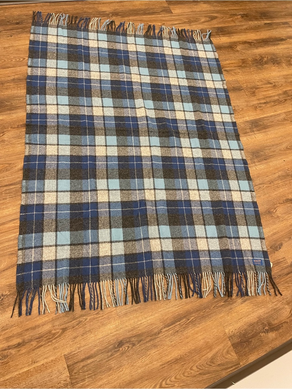 Pendleton Blue Plaid 100% Wool Vintage Fringe Throw Blanket 77X52 Made in USA